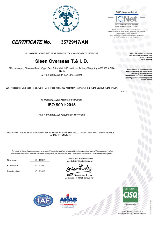Certificate of Quality Management System by RINA